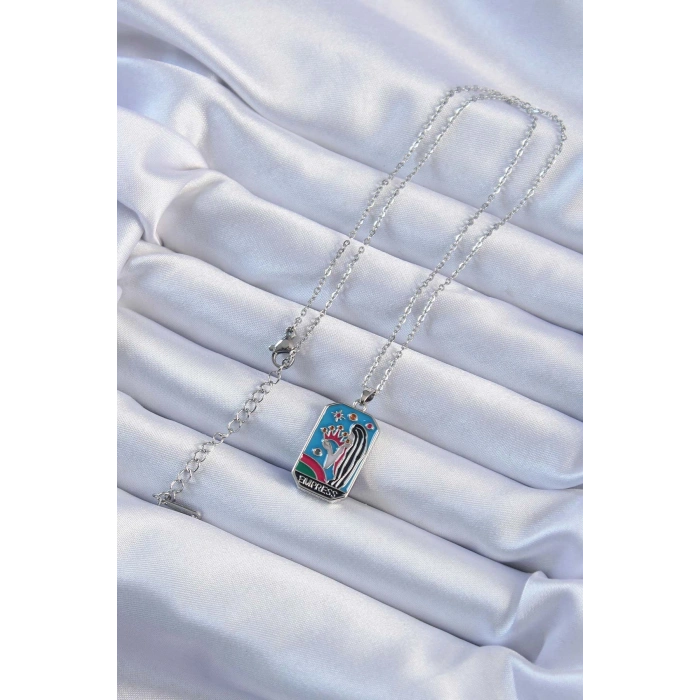 Nevamel® 316L Çelik Zincir Gümüş Renk Taç ve Kız Figürlü Renkli Mineli Tarot Kolye 5886