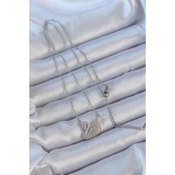 Nevamel® 316L Çelik Zincir Gümüş Renk Zirkon Taşlı Kuğu Kolye 5886