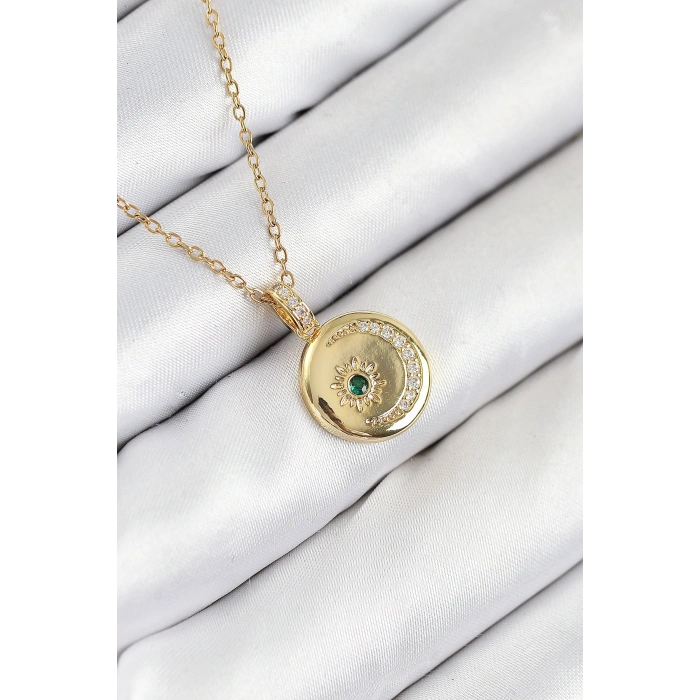 Nevamel® 316L Çelik Zirkon Taşlı Ay Ve Güneş Model Gold Renk Kadın Kolye 5886