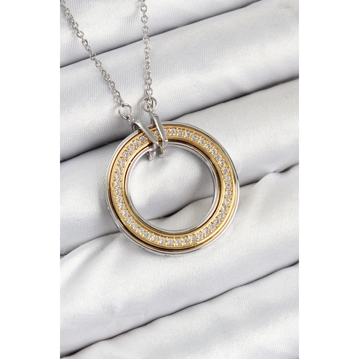 Nevamel® 316L Çelik Zirkon Taşlı Dönen Daire Model Gold Ve Gümüş Renk Kadın Kolye 5886