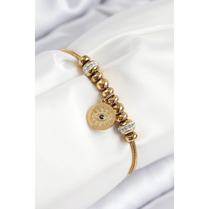 Nevamel® 316L Çelik Zirkon Taşlı Göz Charm Model Gold Renk Kadın Bileklik 5886