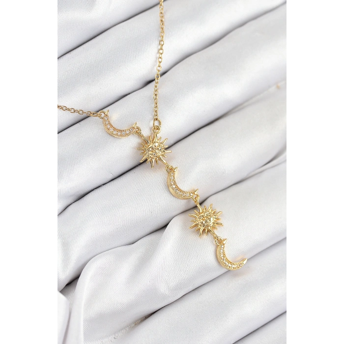 Nevamel® 316L Çelik Zirkon Taşlı Güneş Ve Ay Model Gold Renk Kadın Kolye 5886