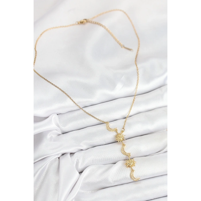 Nevamel® 316L Çelik Zirkon Taşlı Güneş Ve Ay Model Gold Renk Kadın Kolye 5886