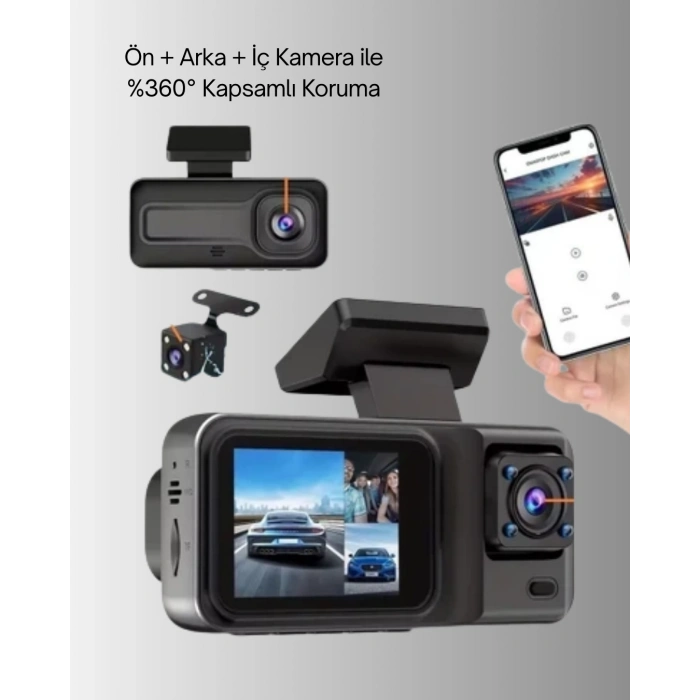 Nevamel® 360° Kapsama Sahip Full HD Araç Kamerası 3’lü Kayıt Gece Görüşlü DashCam
