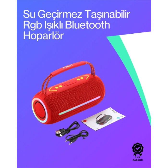 Nevamel 360 RGB LEDli Taşınabilir Bluetooth Hoparlör – Kırmızı USB/TF Destekli