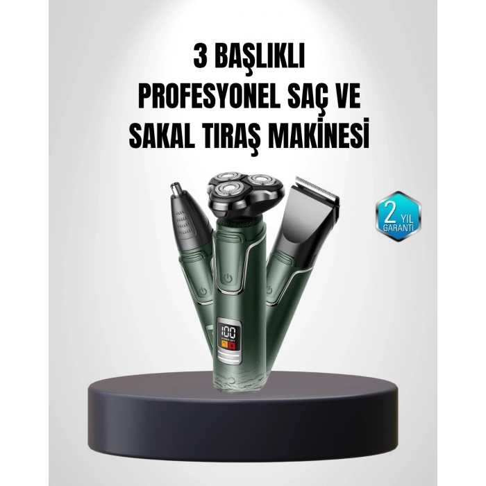 Nevamel 3D Akıllı Kesim Teknolojili Şarjlı Tıraş Seti – 3 Başlıklı Paslanmaz Çelik Bıçaklı