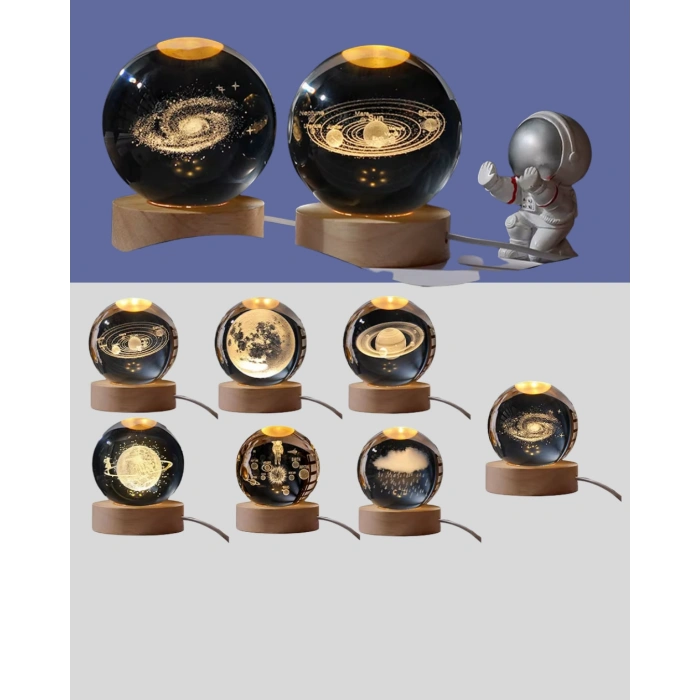 Nevamel® 3D Astronot Kristal Küre Gece Lambası USB Ahşap Standlı Dekoratif Işık