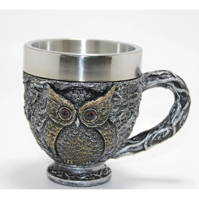 Nevamel® 3D Kabartmalı Baykuş Büstü Paslanmaz Çelik Kupa Bardak
