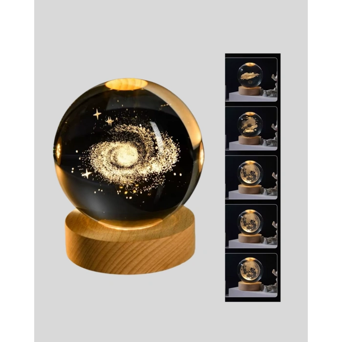 Nevamel® 3D Lazer İşlemeli Galaksi Küre USB LED Ahşap Standlı Oda Gece Lambası