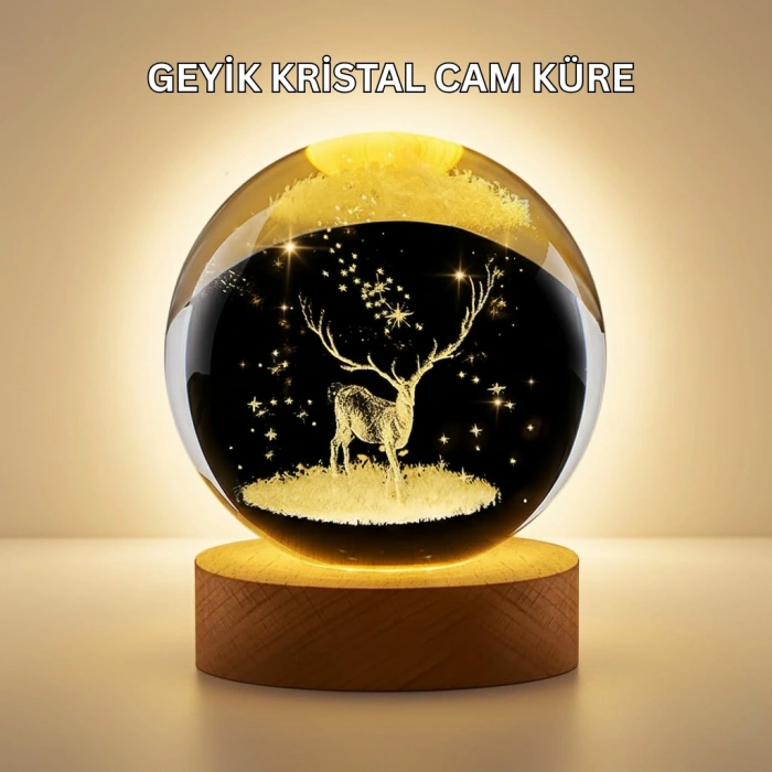Nevamel® 3D Lazer İşlemeli Geyik Kristal Küre Sıcak Işıklı Gece Aydınlatması