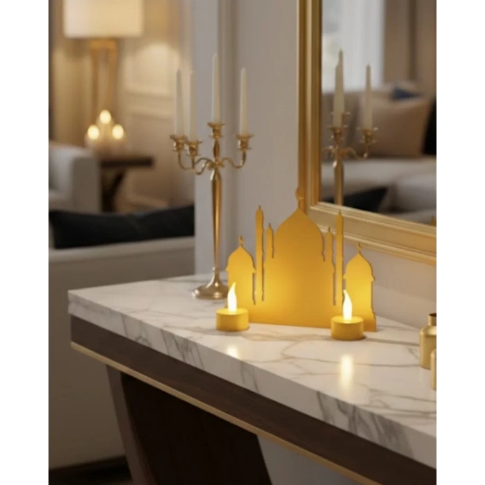 Nevamel® 3D Ramazan Cami Dekor 2 Mumlu Işıklı Masa Üstü Biblo