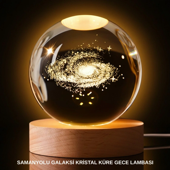 Nevamel® 3D Samanyolu Galaksi Kristal Küre USB LED Işıklı Ahşap Standlı Gece Lambası