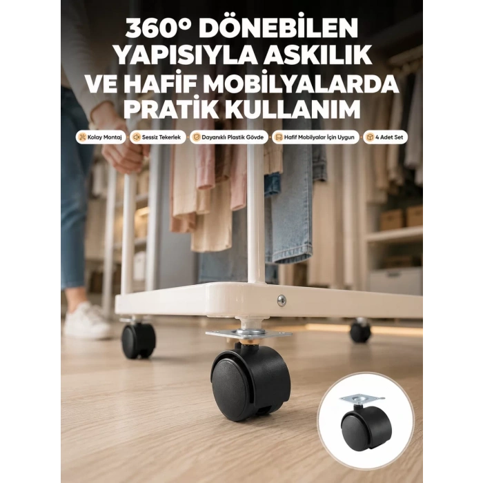 Nevamel® 4 cm Kilitsiz Tekerlek Ayak Seti Zemin Koruyucu