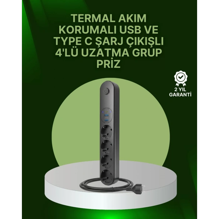Nevamel® 4 Priz 2 USB 1 Type-C Akım Korumalı Çoklu Priz Led Anahtarlı
