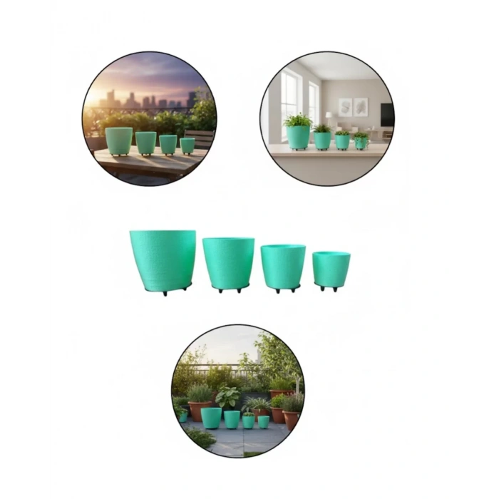Nevamel® 4’lü 3D Ayaklı Yeşil Saksı Seti Dekoratif Modern Tasarım