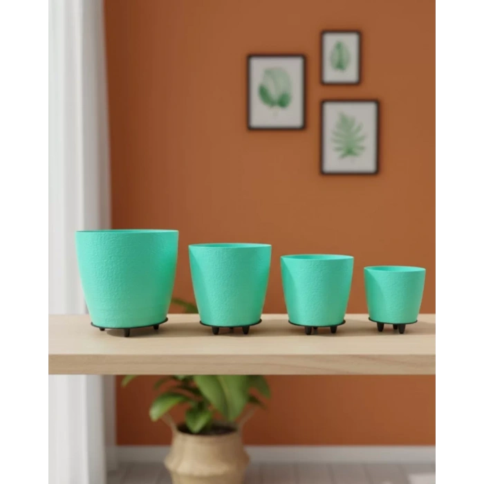 Nevamel® 4’lü 3D Yeşil Dekoratif Vazo Seti Modern Ayaklı Şık Saksı Takımı
