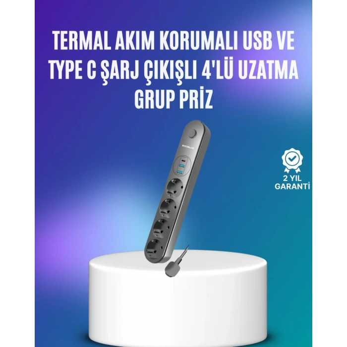 Nevamel® 4’lü Çoklu Priz 2 USB Type-C Girişli Akım Korumalı Siyah