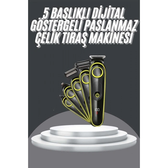 Nevamel 5 Başlıklı Şarjlı Tıraş Makinesi Led Ekran Saç Sakal Ense Tıraşına Uygun Bakım Seti