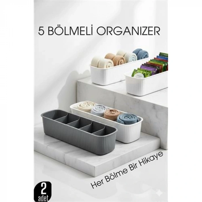 Nevamel® 5 Bölmeli Dolap ve Çekmece İçi 2’li Set Organizer Kutusu (Gri & Beyaz)