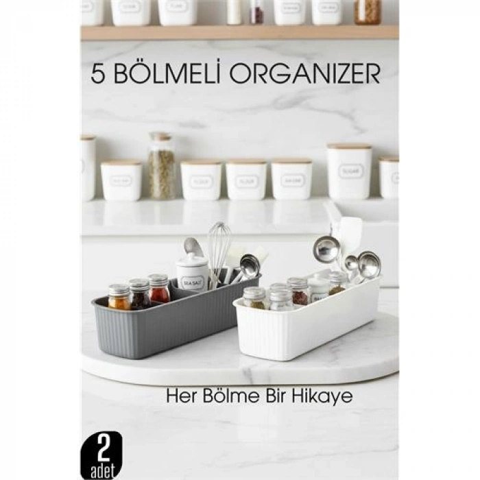 Nevamel® 5 Bölmeli Mutfak Organizer Kutusu Gri & Beyaz 2’li Set  Baharat ve Gereç Düzenleyici