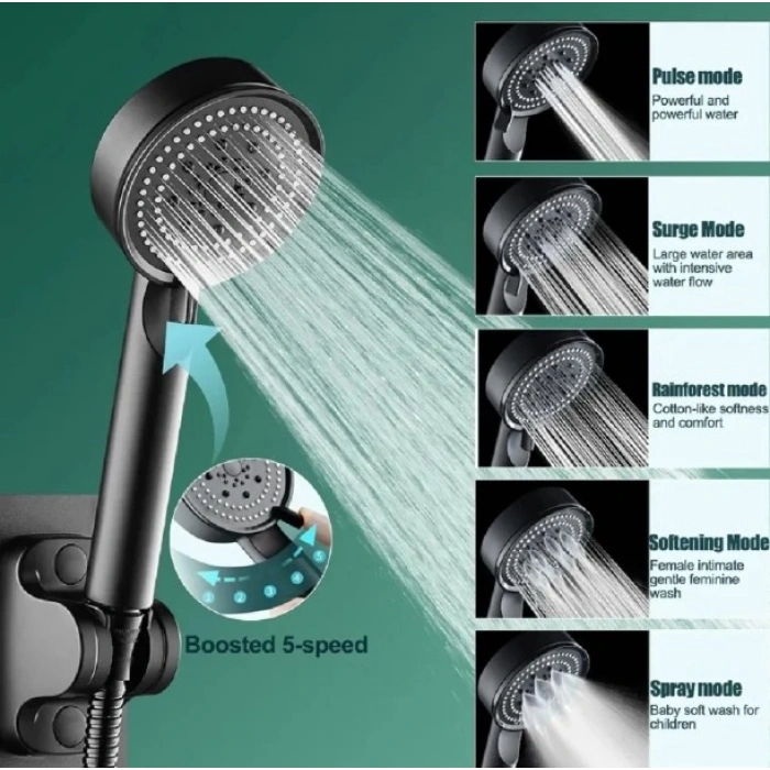 Nevamel 5 Kademeli Duş Başlığı Siyah