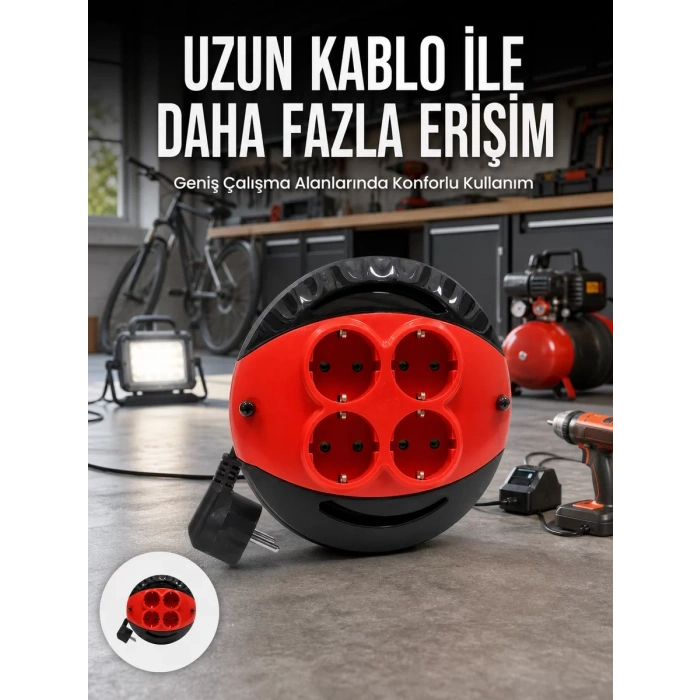 Nevamel® 5 Metre Kablolu 4’lü Kırmızı Priz Makara