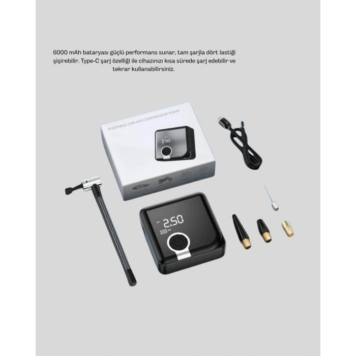Nevamel® 6000mAh Bataryalı Type-C Şarjlı Mini Hava Kompresörü LED Işıklı