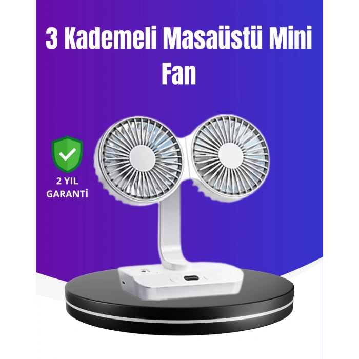 Nevamel® 720° Döner Çift Taraflı Masaüstü Vantilatör – USB Şarjlı Sessiz Fan