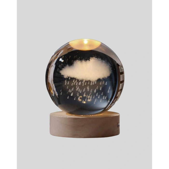 Nevamel® 8 cm 3D Yağmur Bulutu Kristal Küre LED Gece Lambası Ahşap Standlı Tasarım Lamba