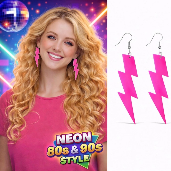 Nevamel® 80’ler 90lar Retro Neon Pembe Şimşek Küpe 10 cm