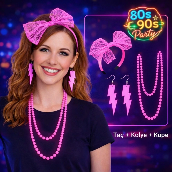Nevamel® 80’ler 90’lar Neon Pembe Parti Seti – Kolye Küpe Taç