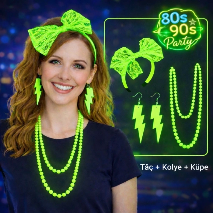 Nevamel® 80’ler 90’lar Neon Yeşil Parti Seti – Kolye Küpe Taç