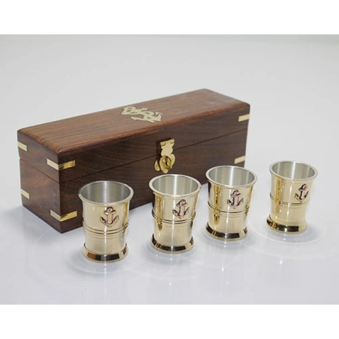 Nevamel® Ahşap Kutulu 4lü Pirinç Shot Bardak Seti