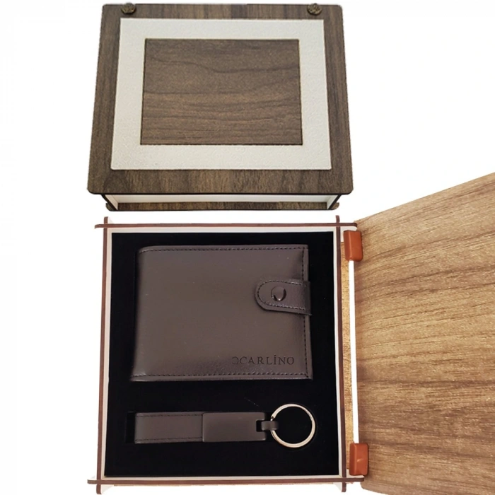 Nevamel Ahşap Kutulu Deri Cüzdan Ve Anahtarlık Seti