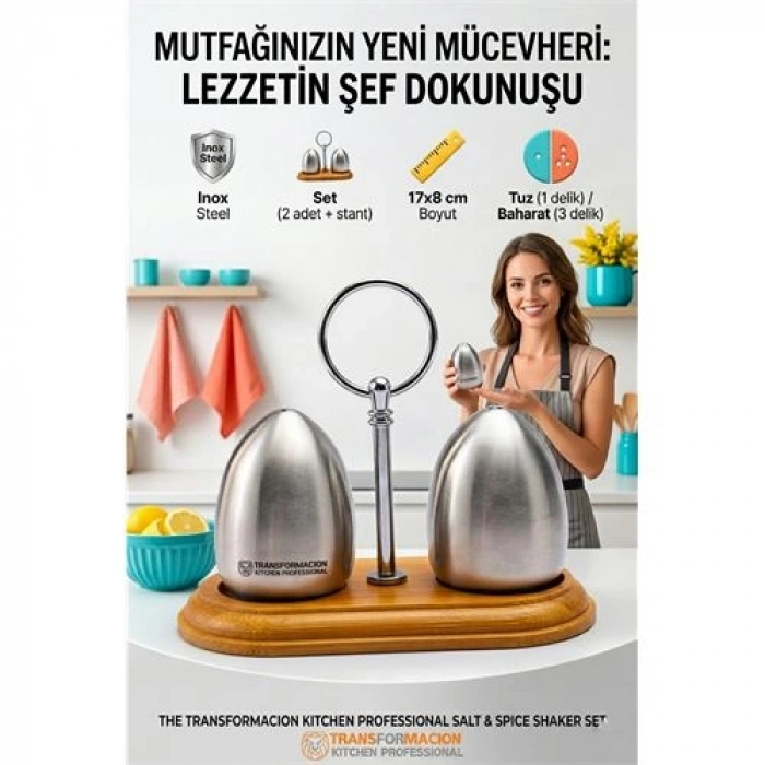 Nevamel® Ahşap Standlı Inox Paslanmaz Çelik Yumurta Formlu Tuzluk Biberlik Seti 723146