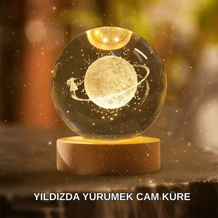 Nevamel® Ahşap Standlı Sarı Işıklı Dekoratif Küre Kız Figürü Tasarım