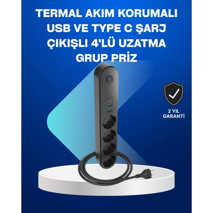 Nevamel® Akıllı Akım Dengelemeli 4’lü Çoklu Priz Type-C ve USB Çıkışlı