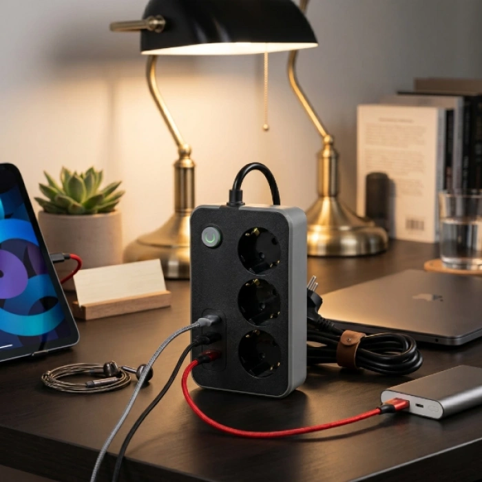 Nevamel® Akım Korumalı 3 Prizli 3 USB Girişli Uzatma Kablosu