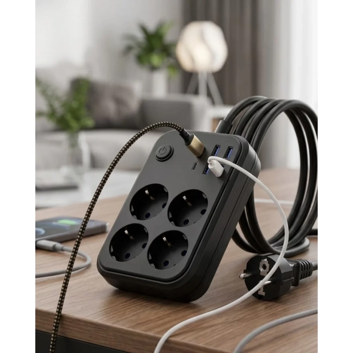 Nevamel® Akım Korumalı Çoklu Priz 4 USB 2 Type C 4 Priz Güvenli ve Hızlı Şarj