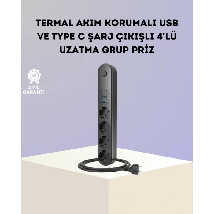 Nevamel® Akım Korumalı Çoklu Priz 4’lü 2 USB 1 Type-C 2500W Güçlü Tasarım