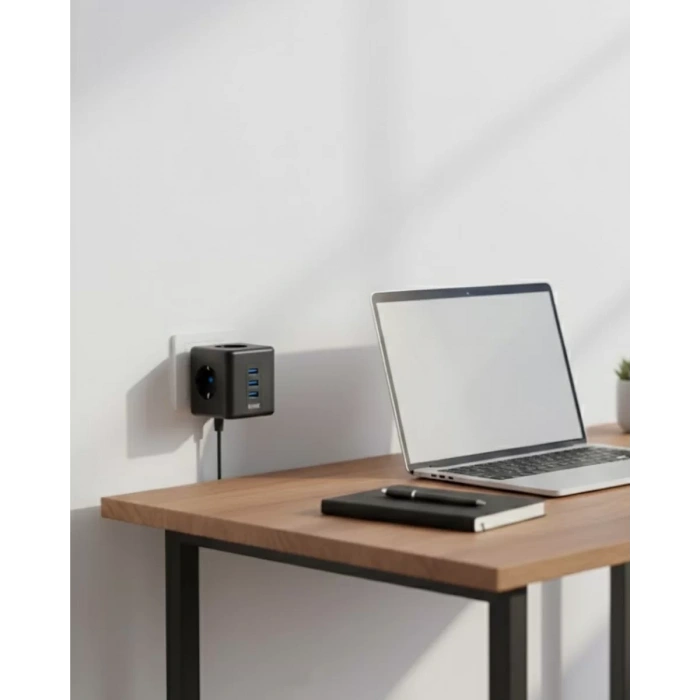 Nevamel® Akım Korumalı Küp Priz 3 Priz Girişi ve 3 USB Şarj Özellikli