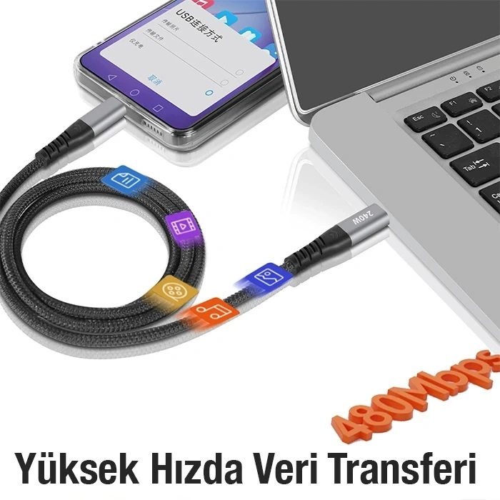 Nevamel ALLY 240W Type-C To Type-C Laptop Telefon Hızlı Data ve Şarj Kablosu-(5775)