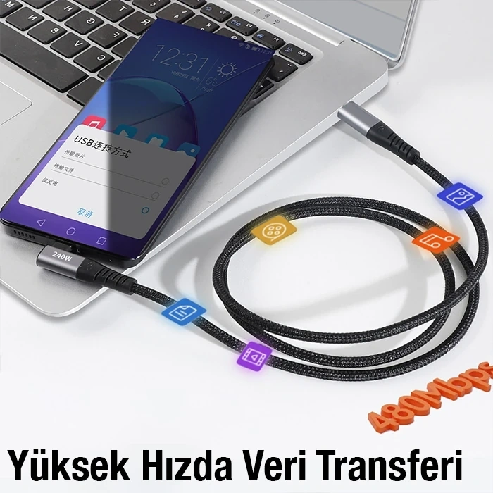 Nevamel ALLY 240W Type-C To Type-C Yatay Laptop-Telefon Hızlı Data ve Şarj Kablosu-(5775)
