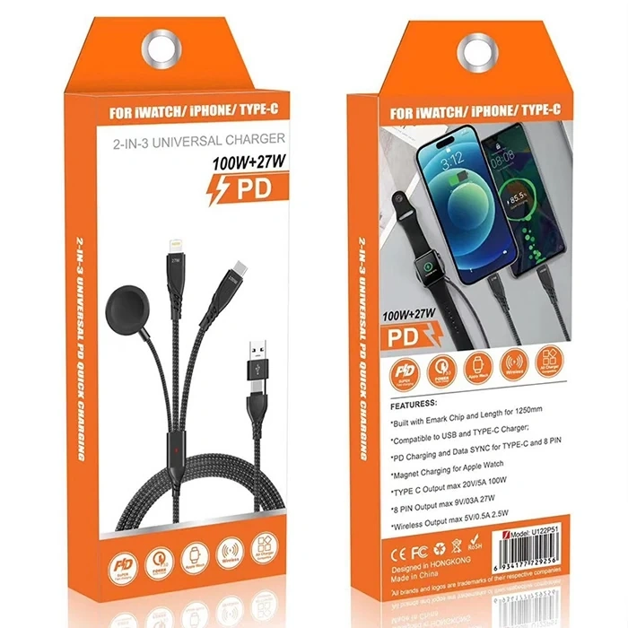 Nevamel Ally 2x Type-c 100W-27W + Apple Watch İçin Type-c Şarj Kablosu-(5775)