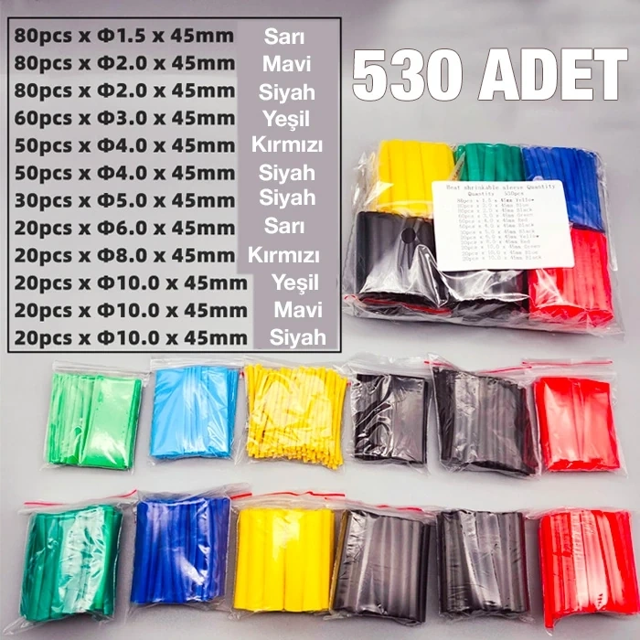 Nevamel Ally 5 Renk Makaron Isı İle Daralan Kablo Seti 530 Adet 8 Boy Set-(5775)