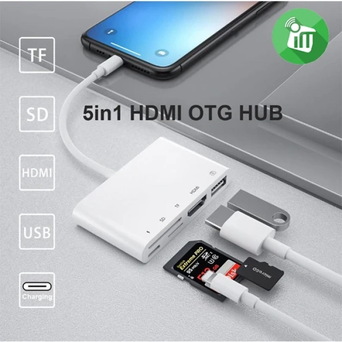 Nevamel Ally 5in1 Lightning HDMI Dijital Av Adaptör+ Otg USB Hub Kamera TF SD Okuyucu-(5775)