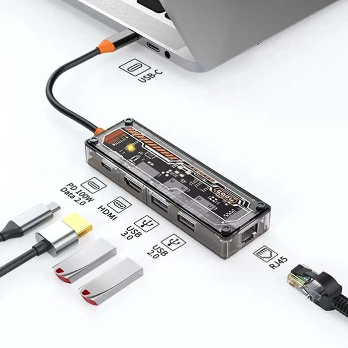 Nevamel ALLY 5in1 Type-c To USB3.0 + USB2.0 + Type-c PD 100W + HDMI + Ethernet Çoğaltıcı Transparan Hub-(5775)
