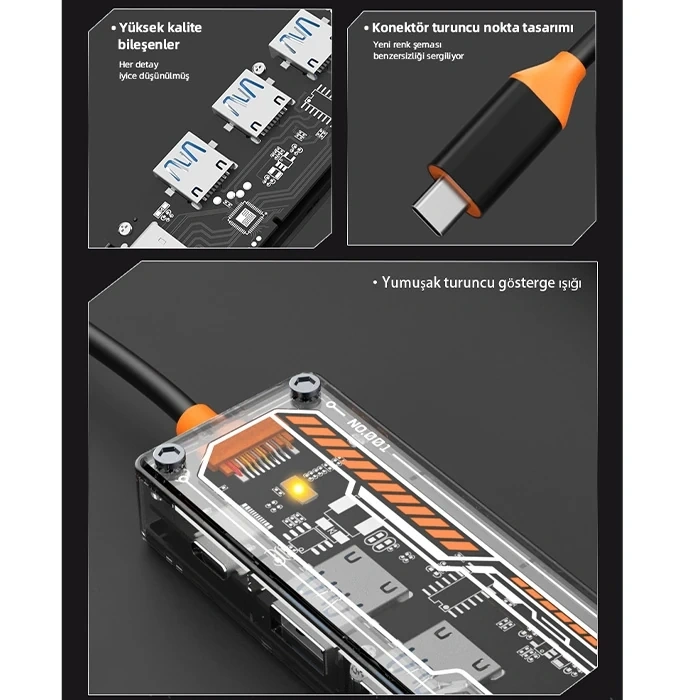 Nevamel ALLY 5in1 Type-c To USB3.0 + USB2.0 + Type-c PD 100W + HDMI + Ethernet Çoğaltıcı Transparan Hub-(5775)
