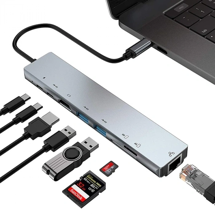 Nevamel Ally 8 Port Usb 8in1 3.0 Type-C Hdmi 3XUSB+2 PD) RJ45 Hub Adaptör Çoklayıcı TF SD Kart-(5775)