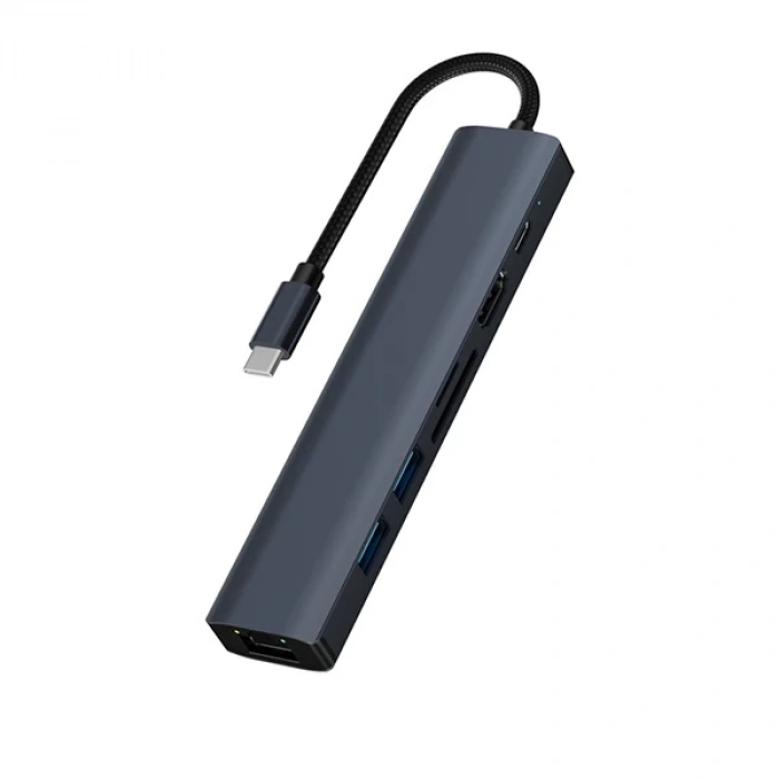 Nevamel ALLY BYL-2303 7 IN 1 Type-c To USB + Type-c + Ethernet + Kart Okuyucu + HDMI Dönüştürücü Çoğaltıcı H-(5775)